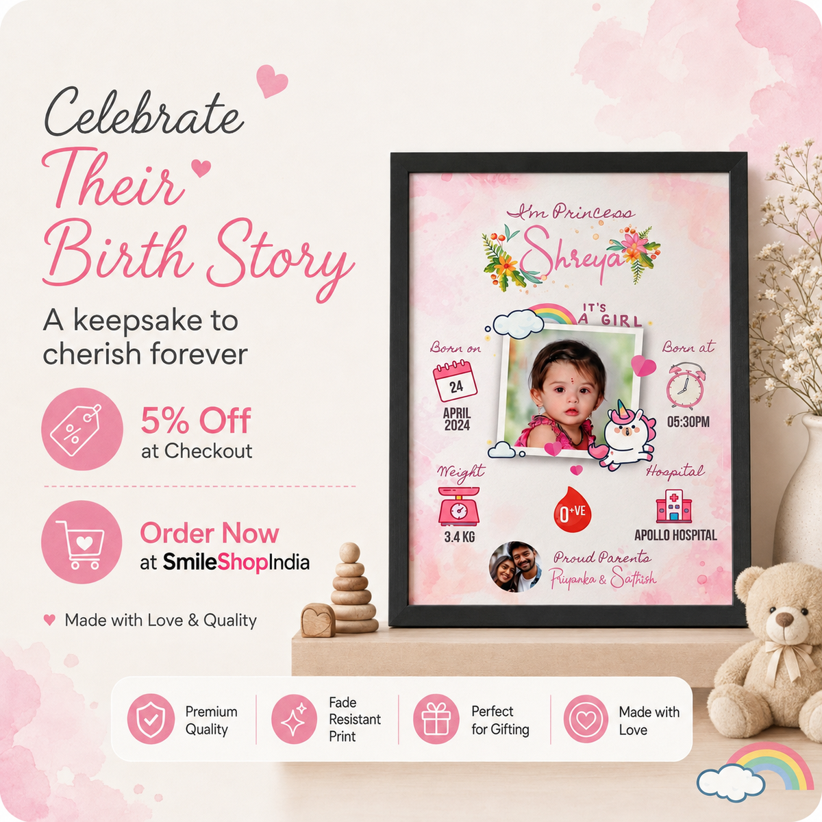 Personalised Baby Birth Details Photo Frame