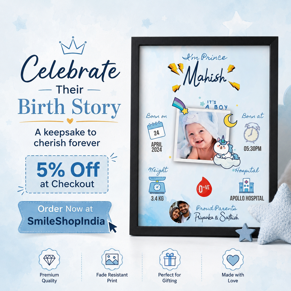 Personalised Baby Birth Details Photo Frame