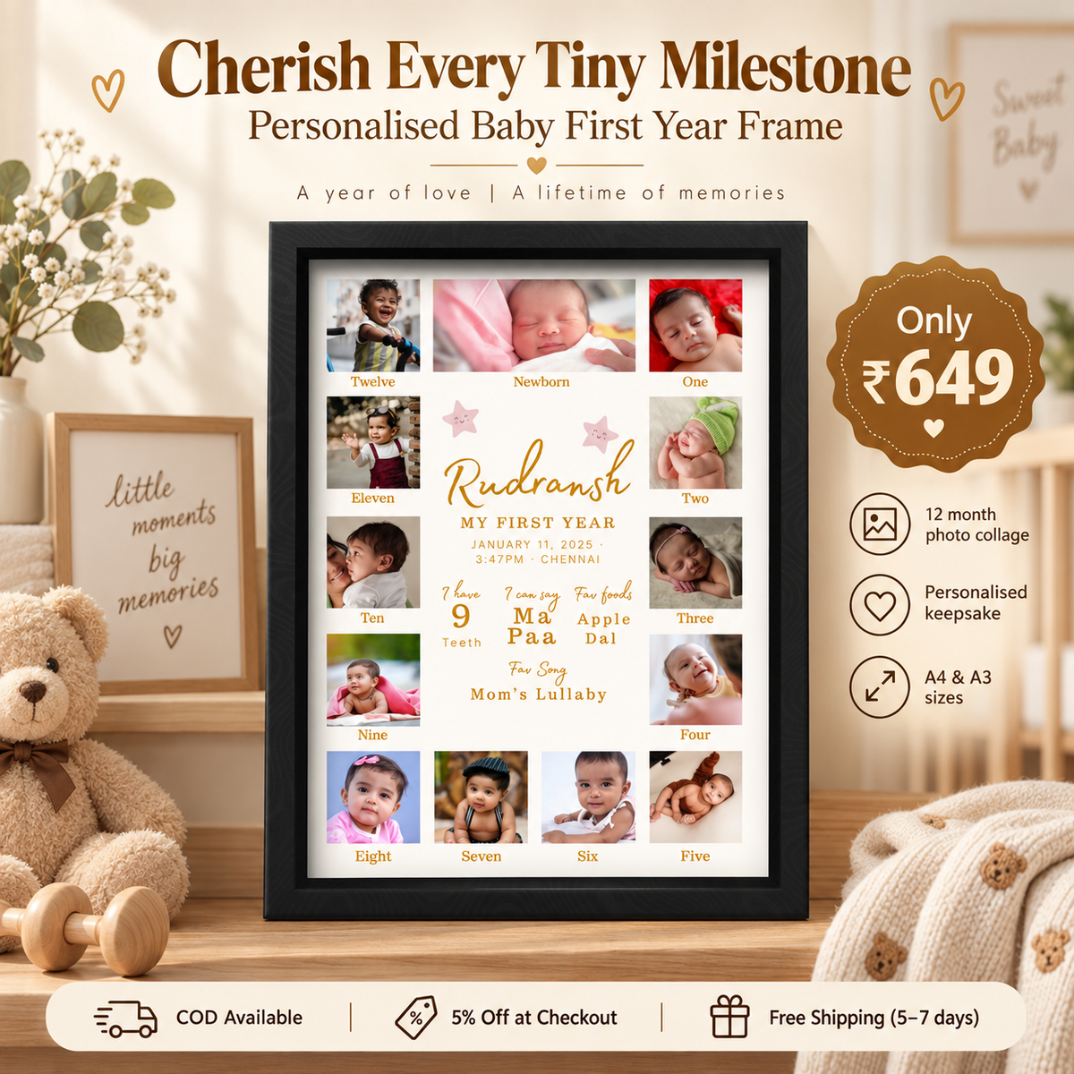 Baby First Year Milestone Frame | 12 Month Photo Collage | Personalised 1st Birthday Gift