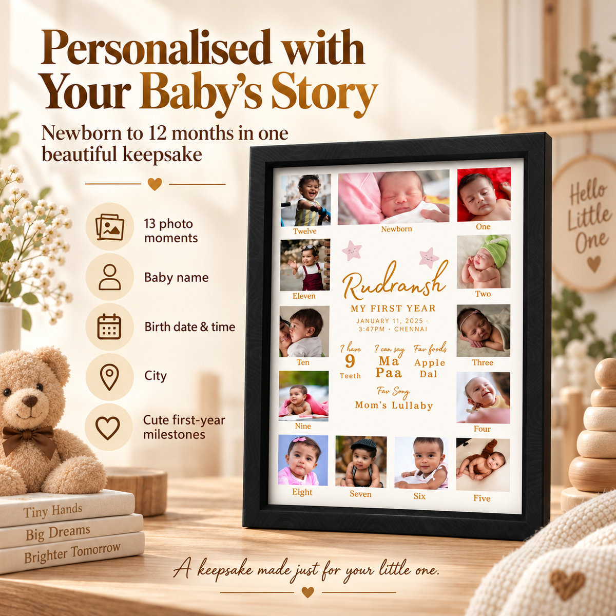 Baby First Year Milestone Frame | 12 Month Photo Collage | Personalised 1st Birthday Gift