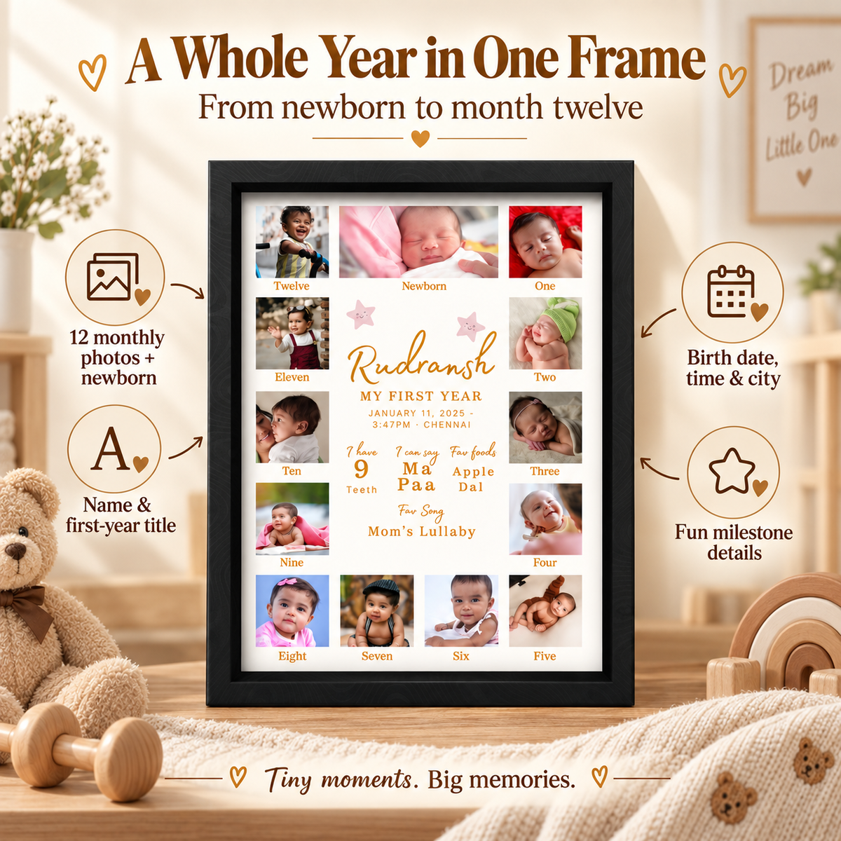 Baby First Year Milestone Frame | 12 Month Photo Collage | Personalised 1st Birthday Gift