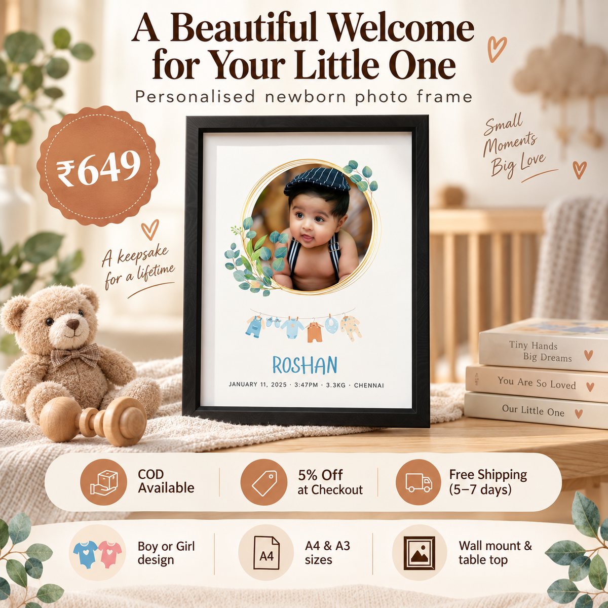Baby Birth Keepsake Frame | Personalised Newborn Photo Frame | Boy & Girl