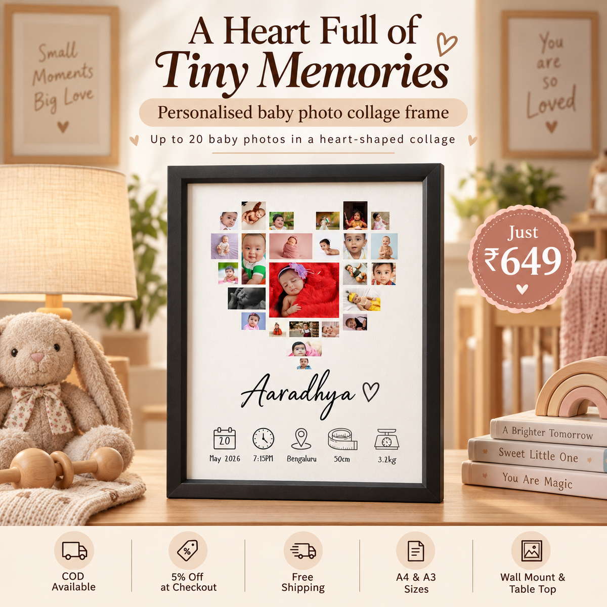 Baby Heart Photo Collage Frame | Personalised Birth Stats Keepsake