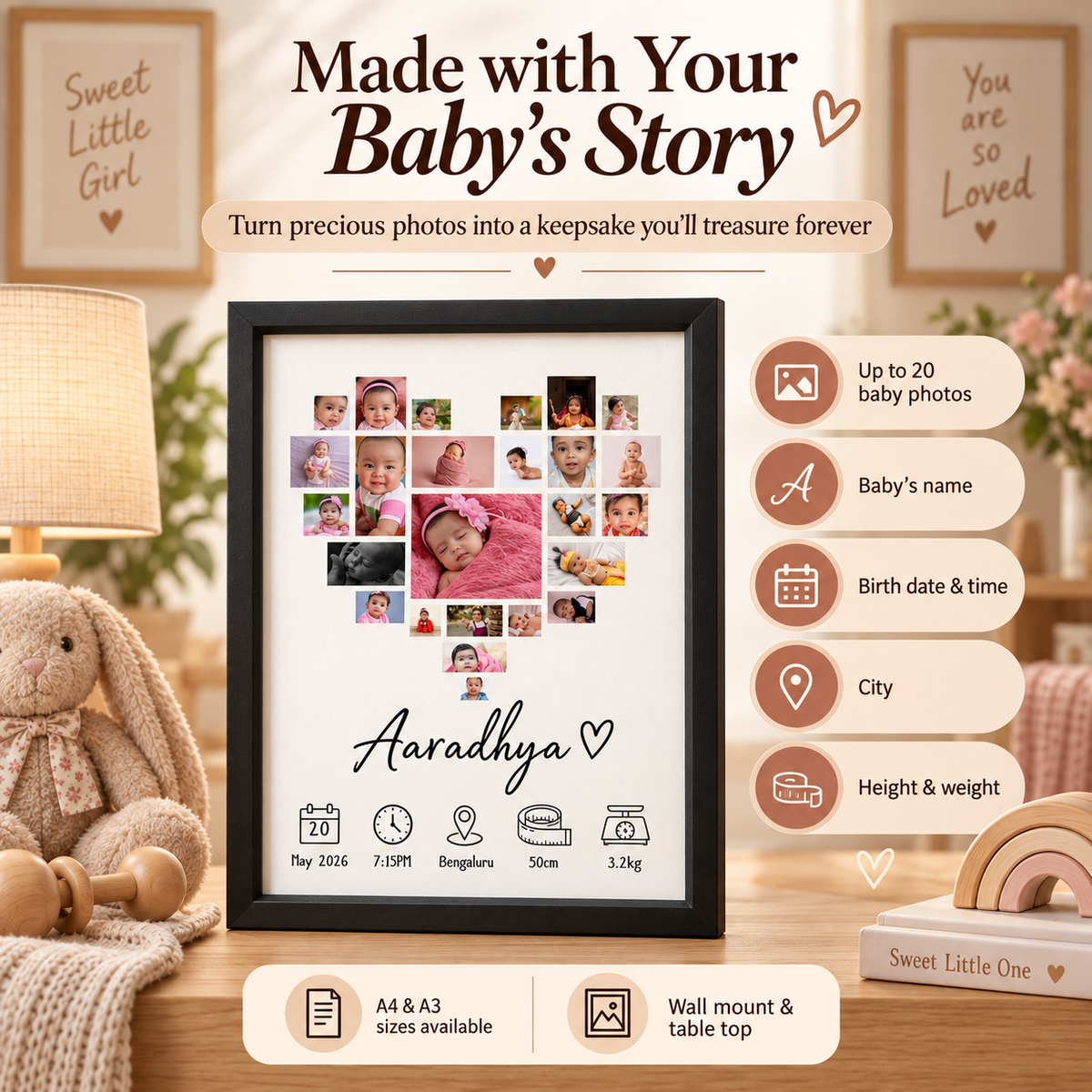 Baby Heart Photo Collage Frame | Personalised Birth Stats Keepsake