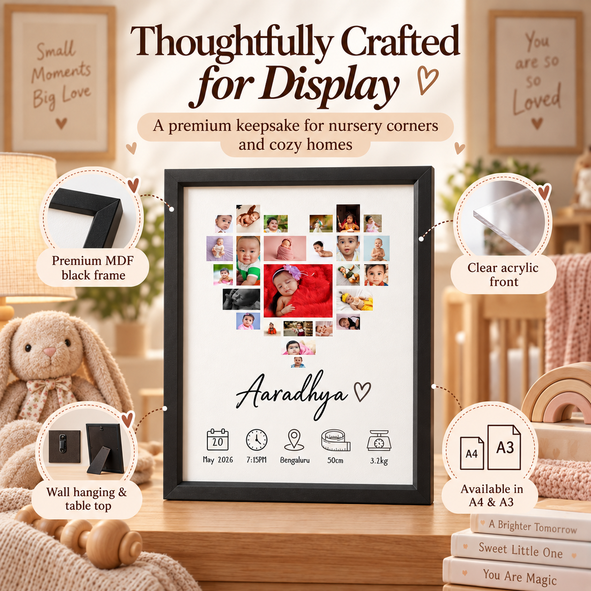 Baby Heart Photo Collage Frame | Personalised Birth Stats Keepsake