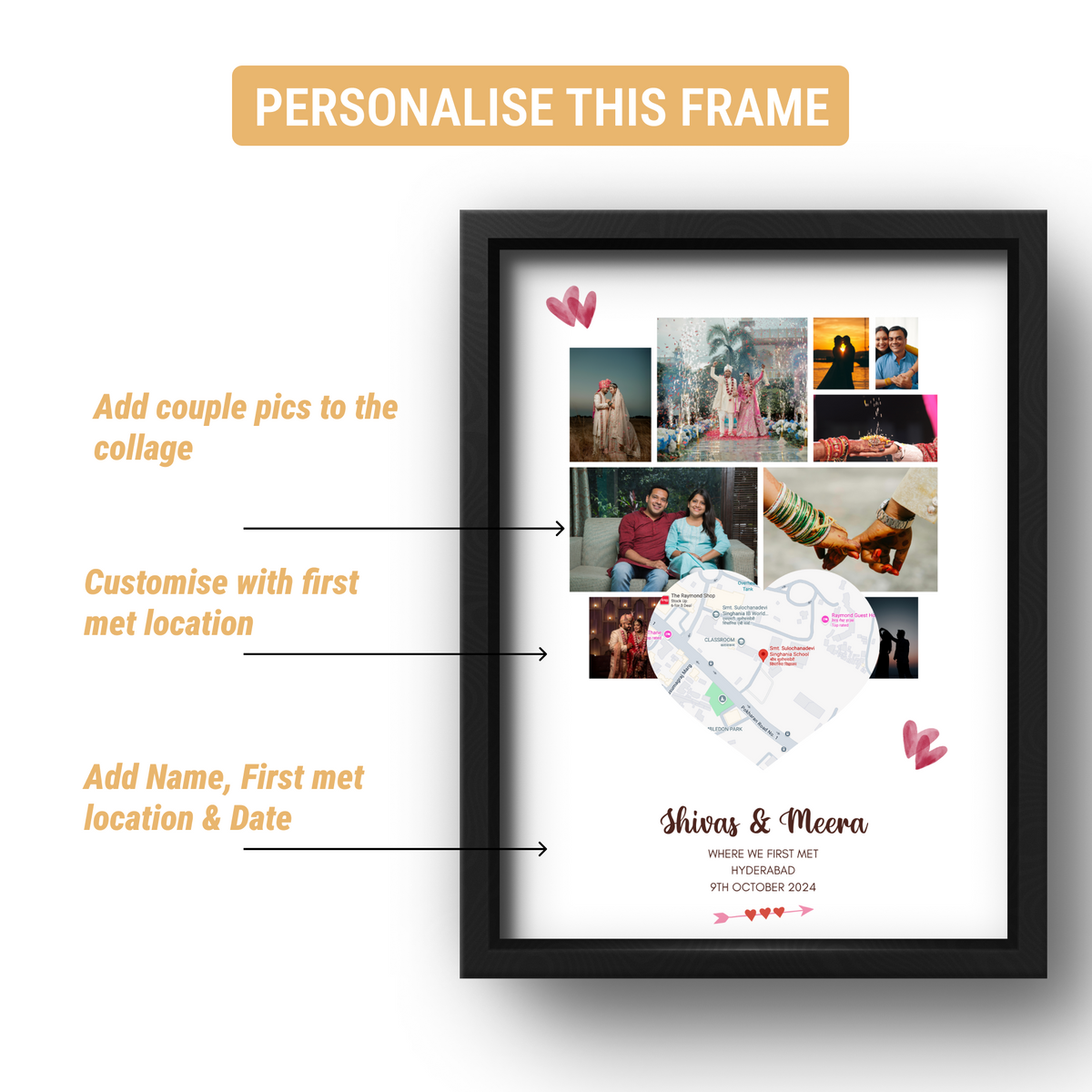 Personalised Couple First Met Frame | Heart Photo Collage with Location Map