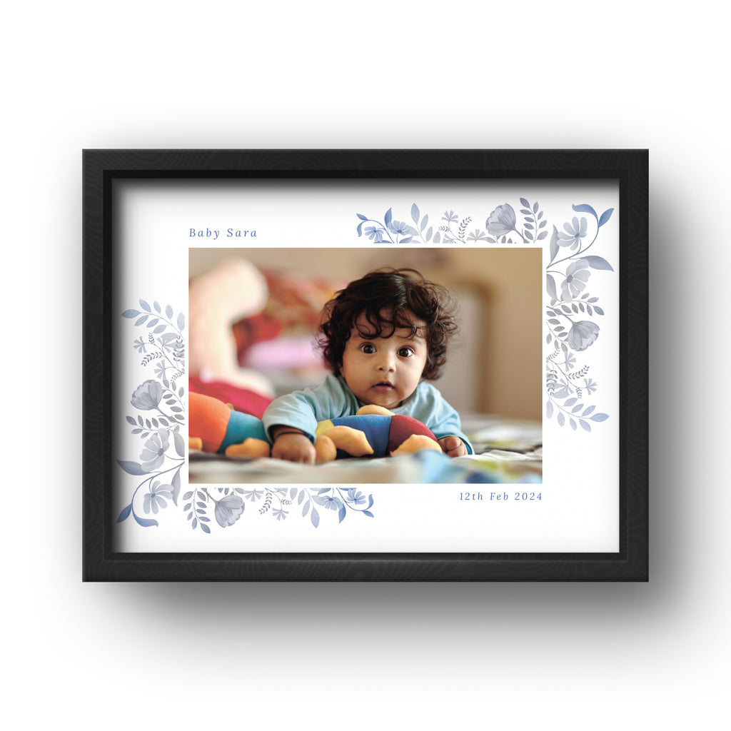 Baby Photo Frame with Name & Date – Floral Design