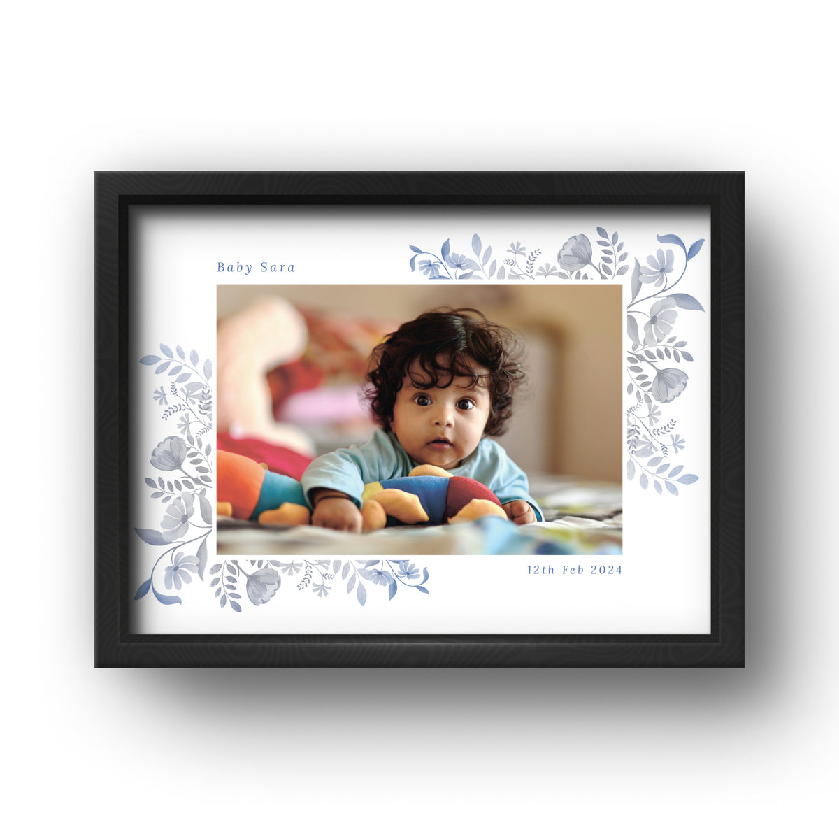 Baby Photo Frame with Name & Date – Floral Design