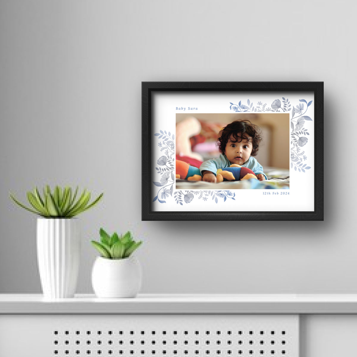 Baby Photo Frame with Name & Date – Floral Design