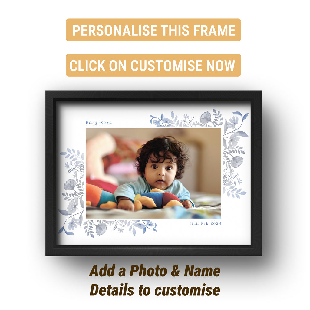 Baby Photo Frame with Name & Date – Floral Design