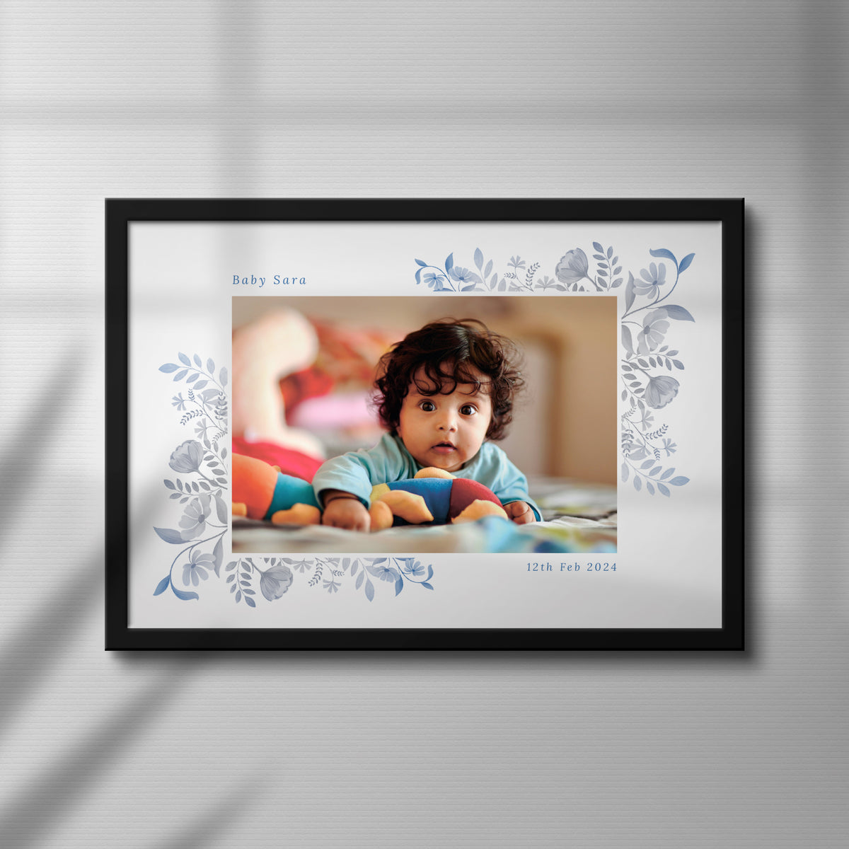 Baby Photo Frame with Name & Date – Floral Design