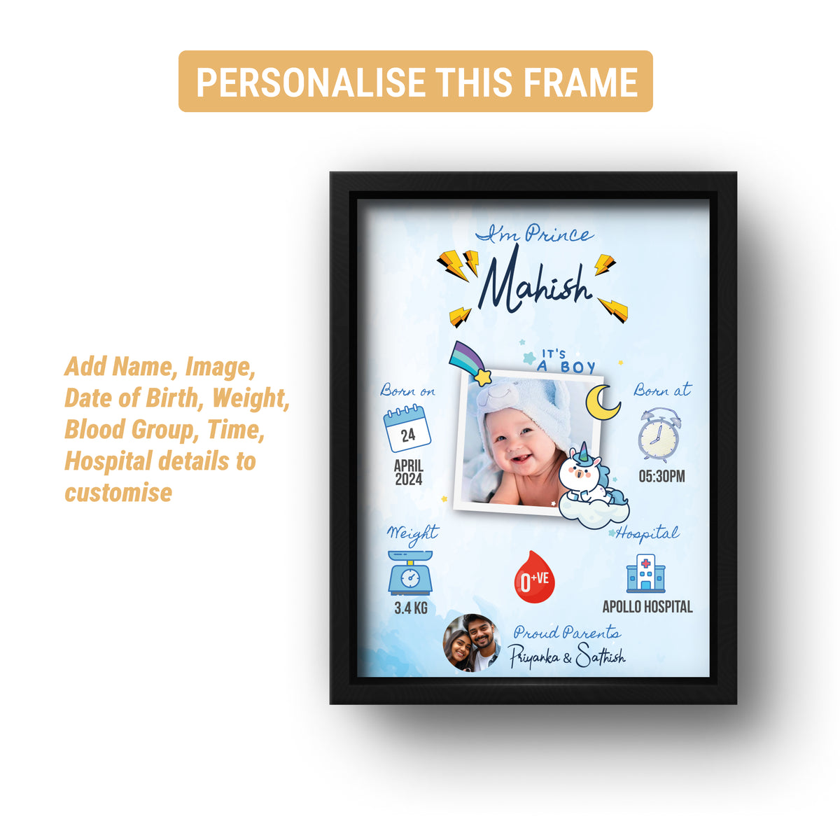 Personalised Baby Birth Details Photo Frame