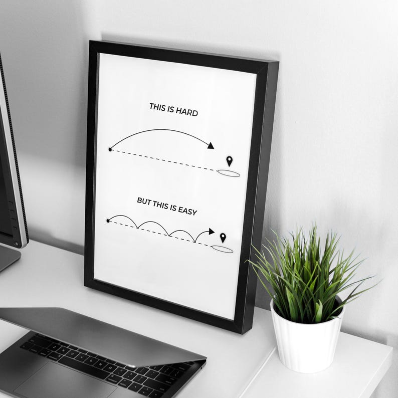 Work desk with productivity quote poster — minimalist art print for home office