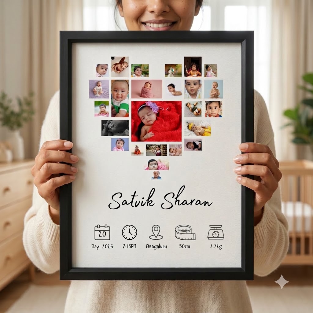 Baby Heart Photo Collage Frame | Personalised Birth Stats Keepsake