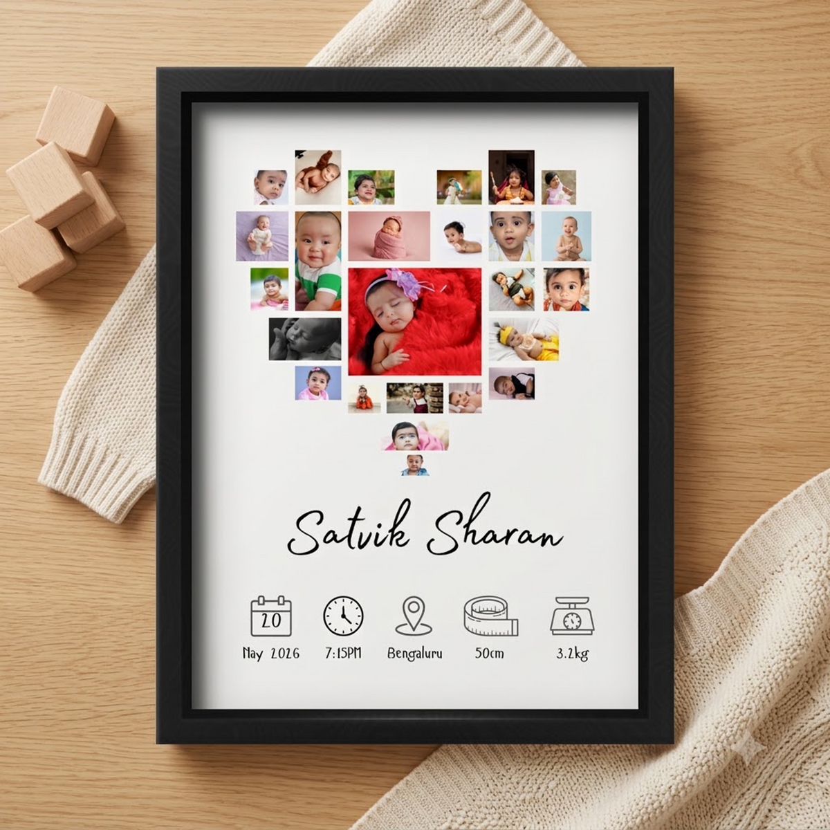 Baby Heart Photo Collage Frame | Personalised Birth Stats Keepsake